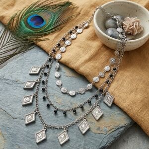 Boho Silver Plated Layered Necklace Black Glass Bead Diamond Coin Pendant